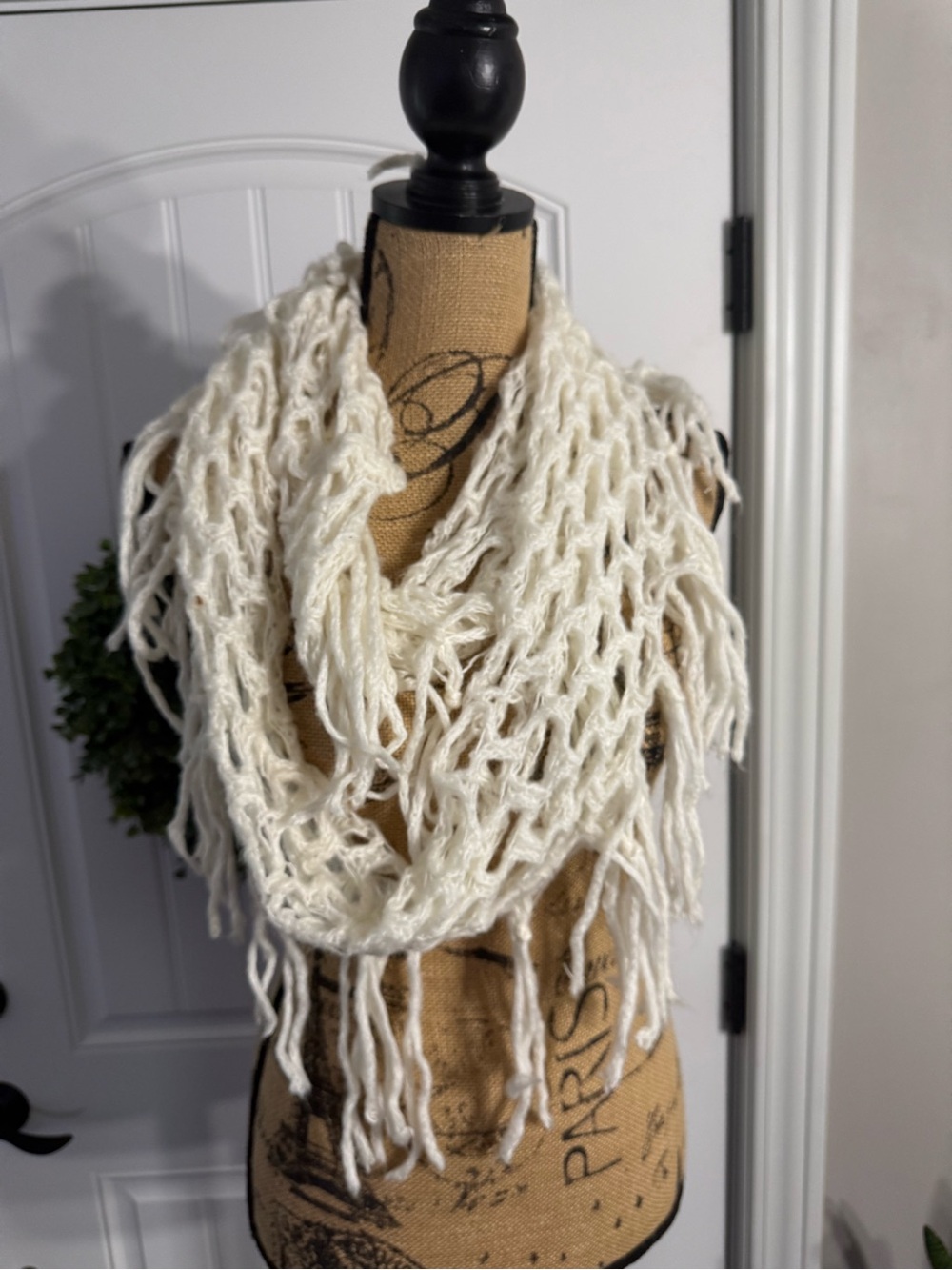 Cream Hand-Knit Fringe Infinity Scarf - BKE